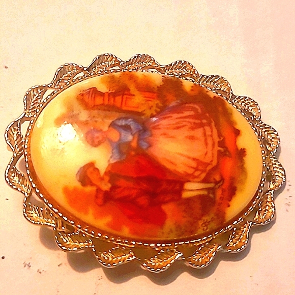 Brooch Pendant Vintage Victorian Fragonard Porcelain Cabachon Silver Heirloom - Picture 2 of 5